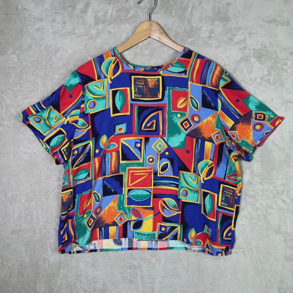 Vtg Blair Boutique Blouse XL Artsy Abstract Colorful Funky Unique Art to Wear